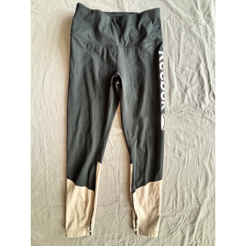 Reebok Womens Black Tan Colorblock High Waist Logo Leggings Size Small